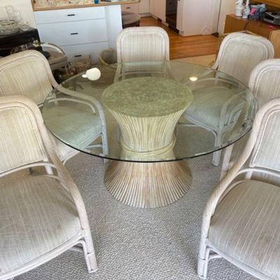 Vintage Sheaf of Wheat Glass Top Table & Twisted Rattan Chairs