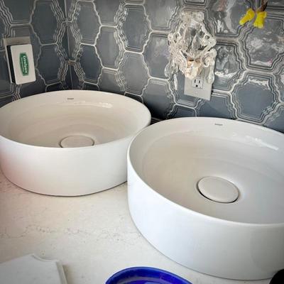 Two new, unused white Incepa countertop sinks