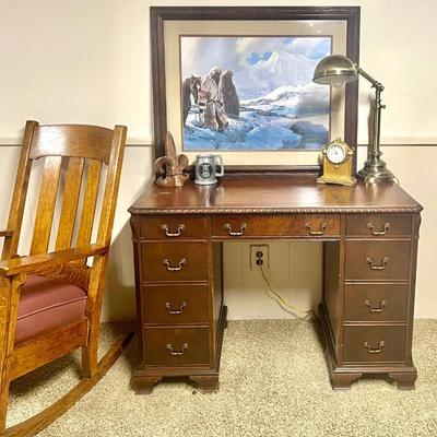 Small Antique Desk, Brass Lamp, wall art and more 