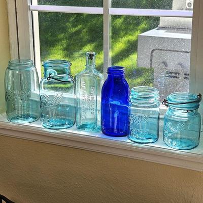 Assorted Antique blue glass ball mason jars 