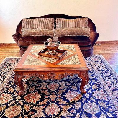 Luxurious Brown Velvet Couch, Area rug,coffee table 