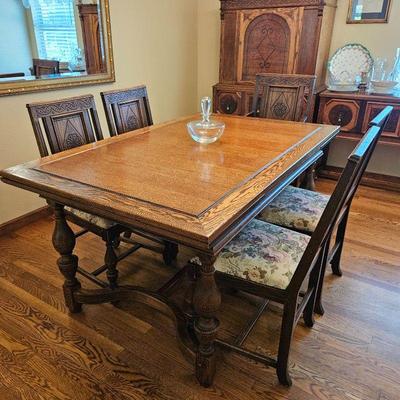 Antique Carved Wood Dining Table w/ Six Chairs
