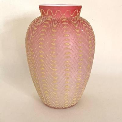 Antique 19th c. blown cased glass vase w/ lace enamel decoration., ht. 7 1/2