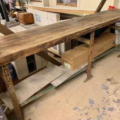 Vtg. industrial bench, 19 1/2” x 9 ft., 2 1/2 “ thick top 