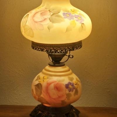 Yellow Floral Victorian Hurricane Parlor Lamp