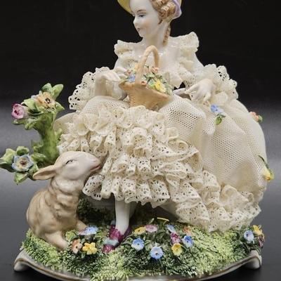 Vintage Dresden Lace Girl & Sheep Figurine