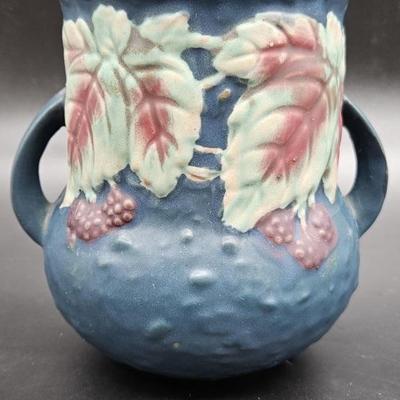 Vintage Roseville Bushberry Blue Handled Vase