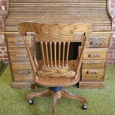 Vintage Oak Roll Top Desk & Rolling Banker's Chair