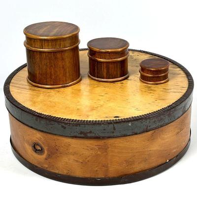 Vintage Round Wooden Pantry Shaker Box & Set of Three Round Wooden Nesting Boxes
