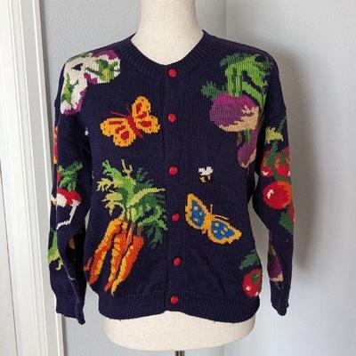 Christine Foley Vintage Designer Cardigan Garden Produce & Insects, Size 10/12
