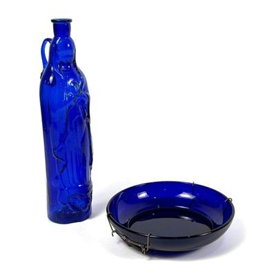 Vintage Cobalt Blue Glass Madonna Figural Bottle & Bowl