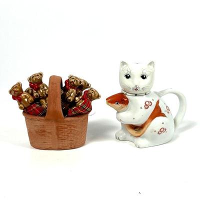 Vintage Porcelain Cat Holding Koi Fish Teapot/Creamer & Ceramic Bear Spreaders in Terracotta Basket