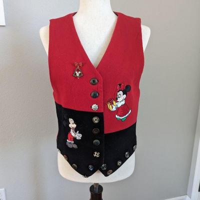 Disney Catalog Vintage Mickey Minnie Christmas Wool Vest Size M, With Brooch