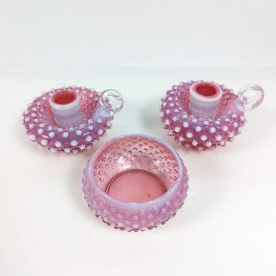 Fenton Cranberry Opalescent Hobnail Glass Candle Holders and Dresser Powder Box (No Lid)