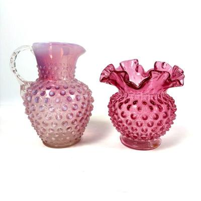 Fenton Cranberry Opalescent Hobnail Pitcher & Ruffled Vase