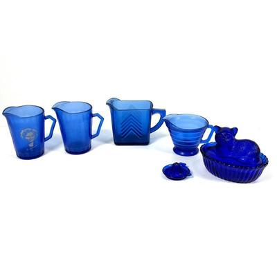 Vintage Cobalt Blue Glass Kitchen Items Including Cat on Nest