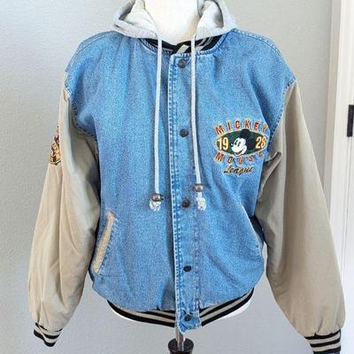 Men's Small Vintage Disney Mickey True Blue Denim Varsity Jacket With Detachable Hood