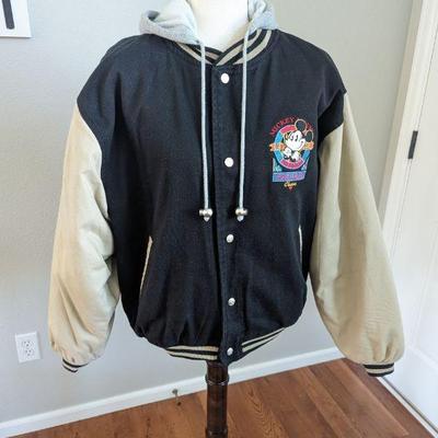 Men's M Vintage Disney Mickey True Blue Varsity Jacket With Detachable Hood