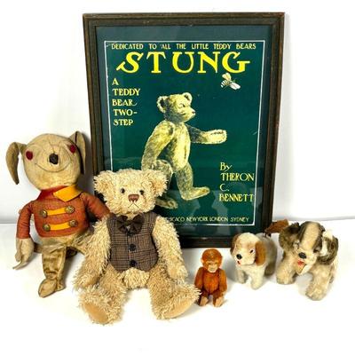 Vintage Framed STUNG Teddy Bear Sheet Music Cover & Plush Animals Including Steiff Dog & Wind Up Dog