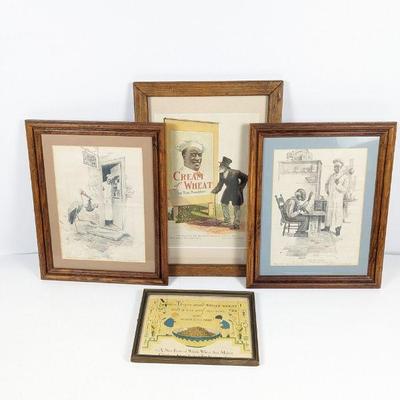 Framed Antique Cream of Wheat Advertising (3) Plus Vintage Cereal Advertising