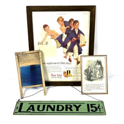 Collection of Vintage Laundry Advertising Items & Vintage Look Metal Laundry Sign