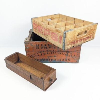 Rustic Wood Crates - Pepsi-Cola & Hiawatha Bottling Works, Plus Vintage Wood Drawer