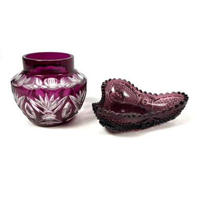 Val Saint Lambert Pique Fleurs Cut to Clear Crystal Vase & Indiana Glass (?) Bonbon Bowl