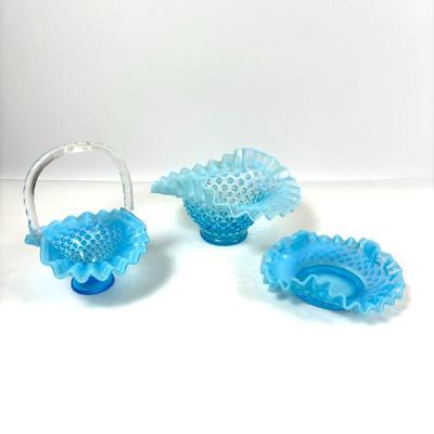 Fenton Blue Opalescent Hobnail Round Crimped Bowl, Small Dish & Basket