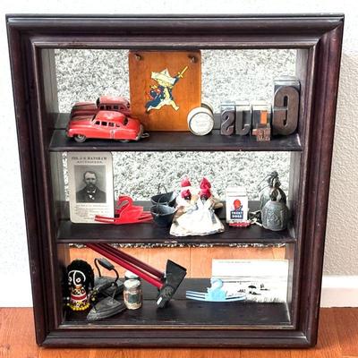 Mirrored Back Wall Shelf Filled with Varied Vintage Curiosities, Trinkets, Miniatures, Keepsakes & More