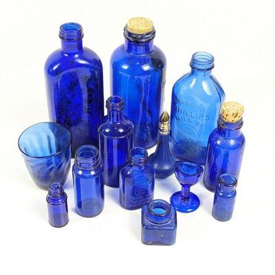 Vintage Cobalt Blue Glass Bathroom Containers, Including Vicks, Phillips Milk of Magnesia, Bromo Seltzer