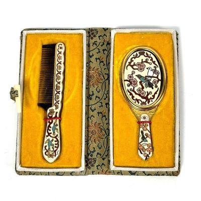 Vintage Cloisonne Comb & Mirror Travel Set