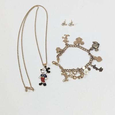 14K Yellow Gold Disney Charm Bracelet, Necklace and Earrings