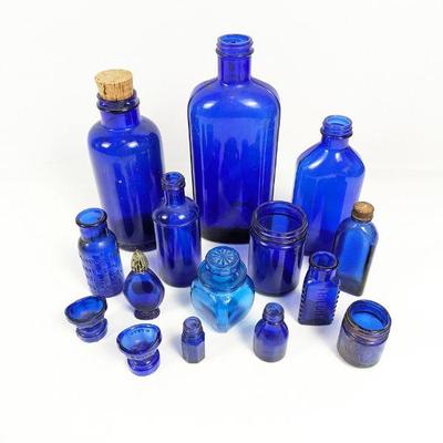Vintage Cobalt Blue Glass Bathroom Containers, Including Vicks, Triloids, Wyeth, Bromo Seltzer