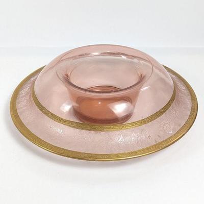Pink Depression Glass Floral Etched Rolled Rim Console Bowl