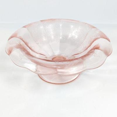 Pink Depression Glass Footed Bowl With Peacocks & Floral Design