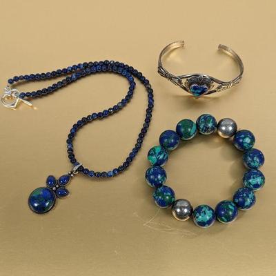 Lapis Lazuli Necklace with Azurmalachite & Sterling Silver Pendant and Cuff Bracelet, Plus Azurite Stretch Bracelet