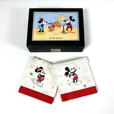 Disney Walt's 100th 1928-2001 Mickey Mouse Wood Keepsake Box & Pottery Barn Mickey Mouse Holiday Guest Towels