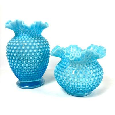 Fenton Blue Opalescent Hobnail Crimped Vases
