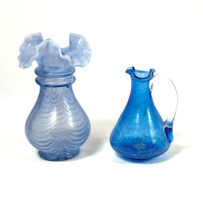Hand Blown Cobalt Blue Crackle Glass Decanter & Fenton Provincial Blue Flower Vase