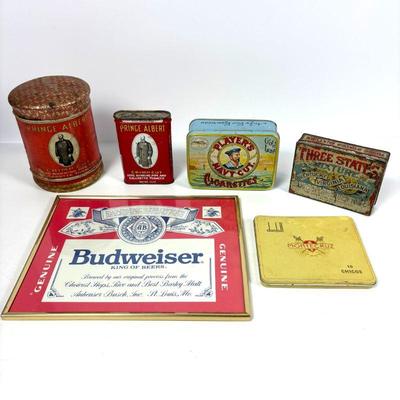 Vintage Metal Tobacco & Cigar Tins & Framed Budweiser Beer Sign
