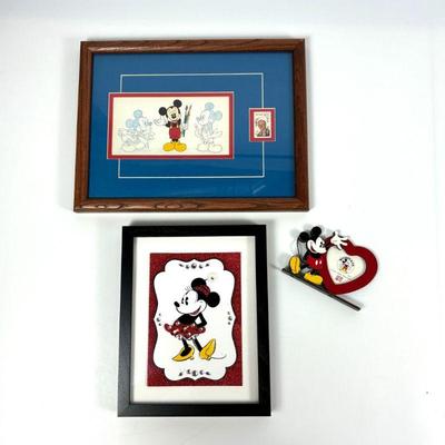 Framed Disney Art of Animation Genius at Work w/ Walt Disney Stamp, Framed Minnie Mouse Card & Wood Mickey Photo Frame
