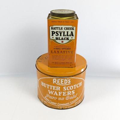 Vintage Psyllia Laxative Tin & Reed's Butterscotch Wafers Tin