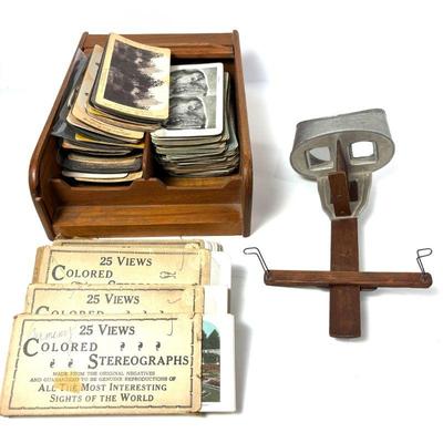Vintage Underwood & Underwood Sun Sculpture Stereoscope Viewer with Cards & Kalmar Teak Wood Roll Top Box 