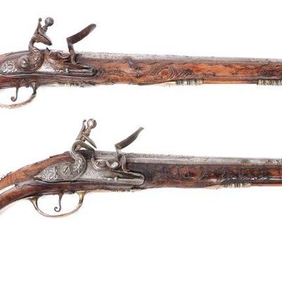Pair of Silver Mounted Roman-Style Flintlock Pistols, 18th Century