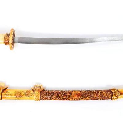 Bone-Style Carved Sword w/ Scabbard