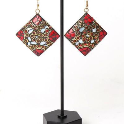 Gorgeous Tibetan Diamond Shaped Inlaid Brass Earrings
