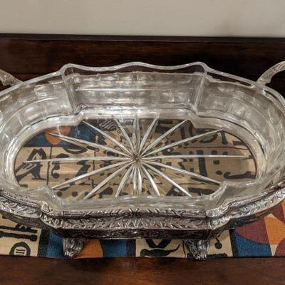 Nickel Silverplate French Louis XVI Centerpiece Bowl Dish Planter Drape Design with heavy crystal removable insert.