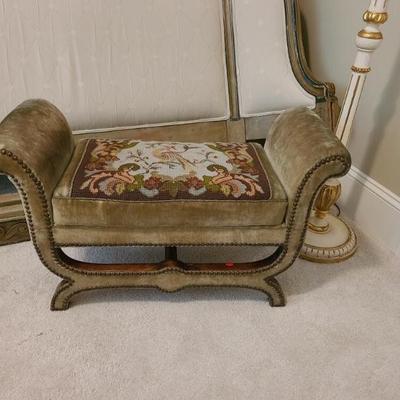 Low bench or stool - velvet upholstery/needlepoint inset