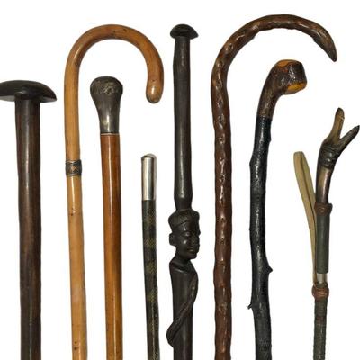 Assorted Antique Canes, Crop Some Sterling Silver
