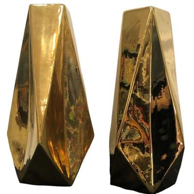 Mid Century Gold Chrome Abstract Vases, Pair
